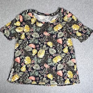 JJill M Pima Cotton Scoop Neck Tee Tropical Pineapple Leaf Vacation Summer Beach